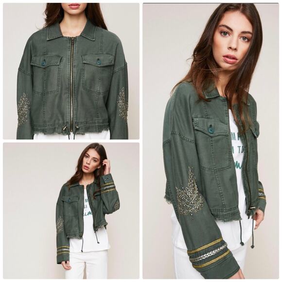 Free People Women's Green Embroidered Military Full Zip Jacket XS NEW - Picture 1 of 6